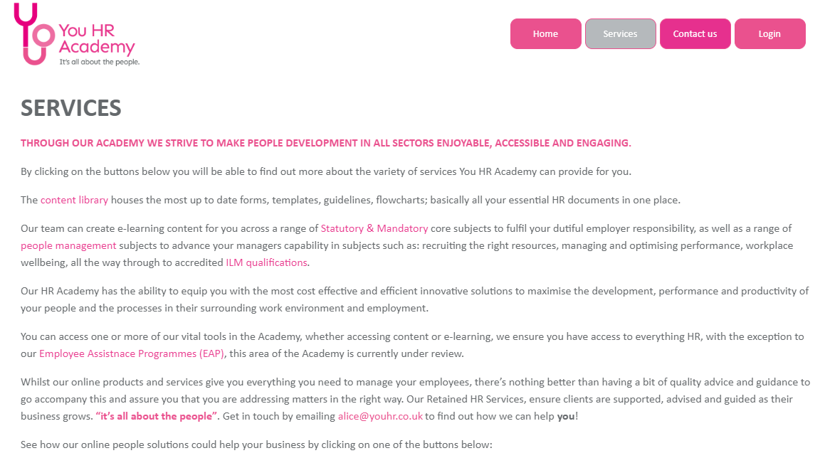You HR Academy Website Services Page Sceenshot